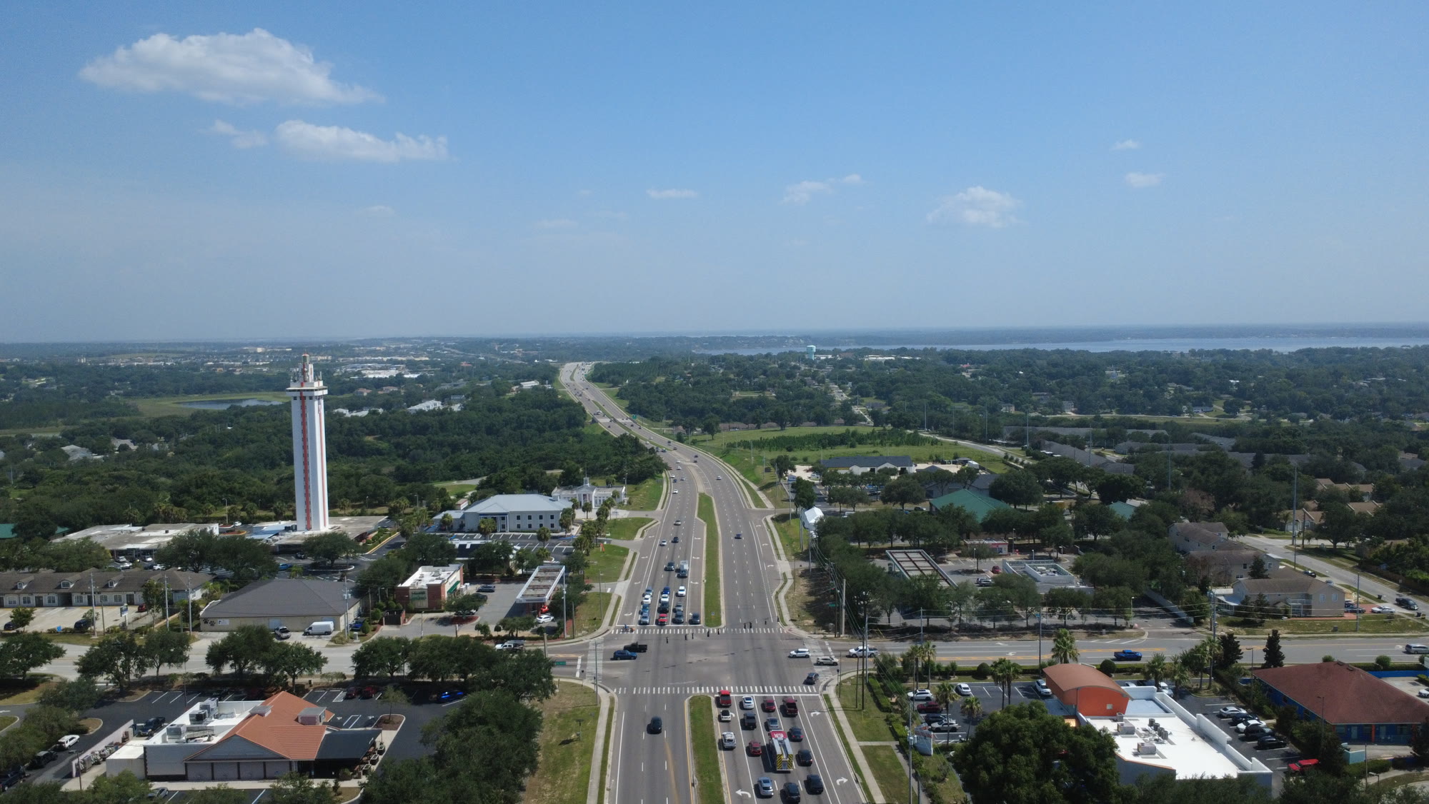 Aerial view of the US-27 corridor and Clermont's historic Citrus Tower