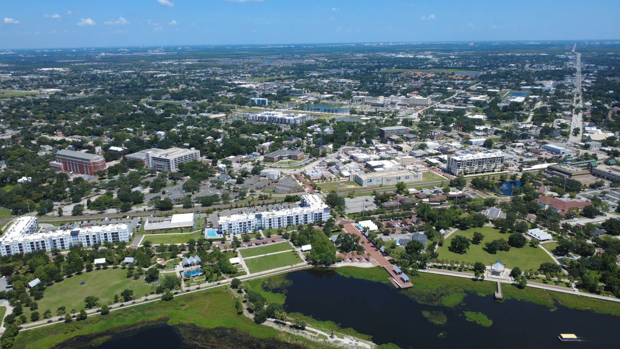 Downtown Kissimmee and Lakefront Park on Lake Tohopekaliga from the air