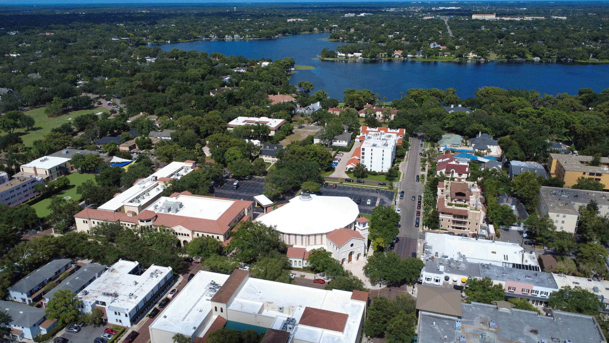 Downtown Winter Park and its chain of lakes from above