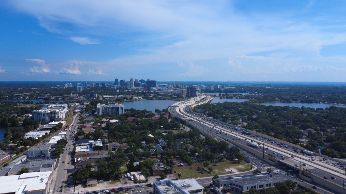 Aerial view of Central Florida interstate and surrounding development